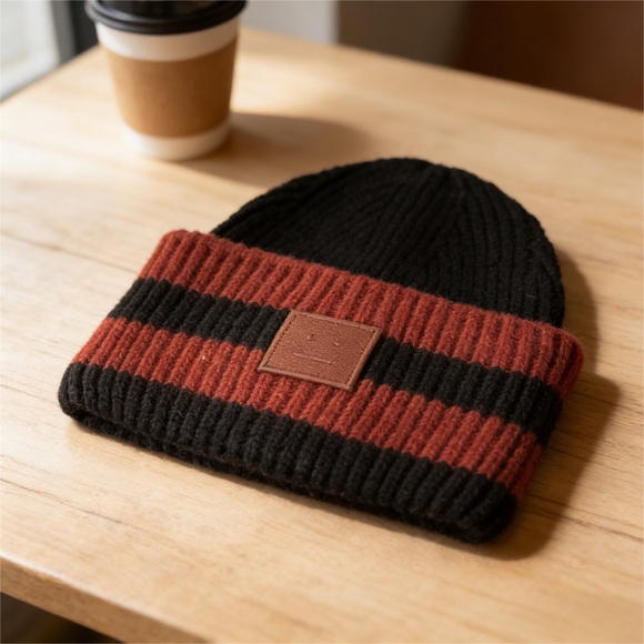 Acne Black and Brown Striped Beanie